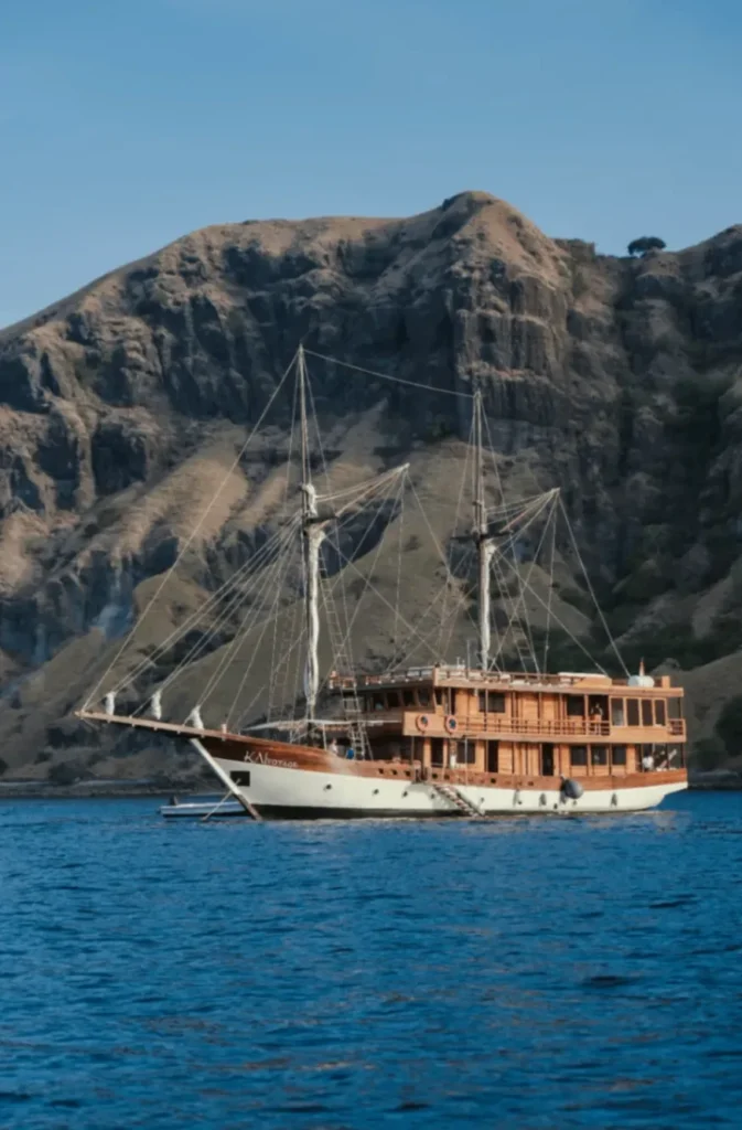 KAI Voyage phinisi seen from the water in Komodo National Park