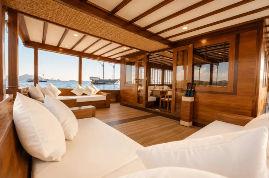 Open-air stern lounge seating on the KAI Voyage phinisi