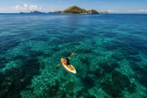 Woman kayaking on a yellow canoe in crystal clear water during a Komodo sailing adventure from Lombok.