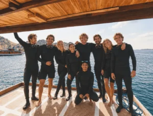 A happy group of scuba divers in black wetsuits posing together on the wooden deck of a liveaboard before a Komodo diving session.