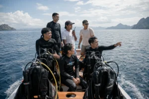 Group of scuba divers in wetsuits and gear sitting on a tender boat pointing at the islands during a Komodo diving trip.