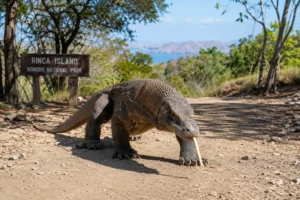 Komodo dragon on the ranger trail at Rinca Island, the wildlife stop on day 2 of a Komodo 3D2N tour