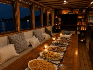 Delicious buffet dinner setup inside the wooden cabin of a phinisi boat during the Lombok to Komodo sailing trip.