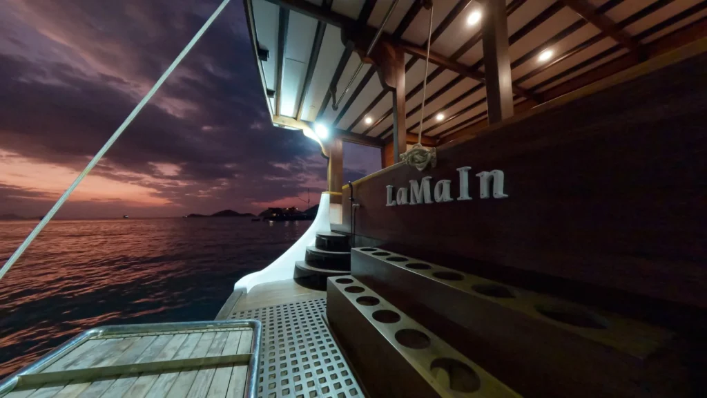 Outdoor deck aboard Lamain Voyage 2 at night