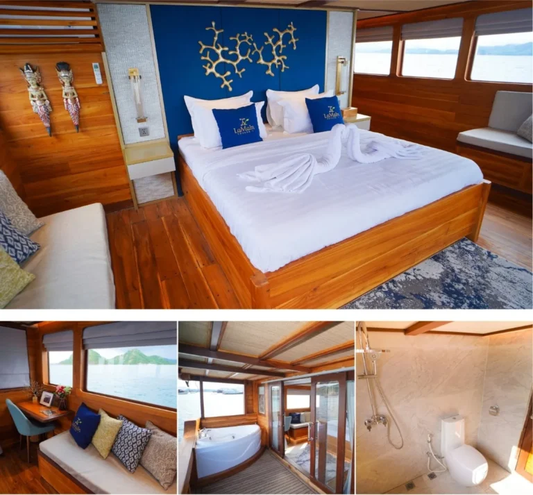 Collage of the Paris master cabin bed, seating area and bathroom on LaMain Voyage I