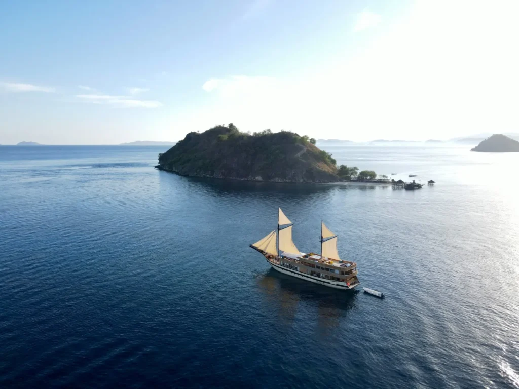 Aerial view of Lamborajo 3 near an island in Komodo National Park