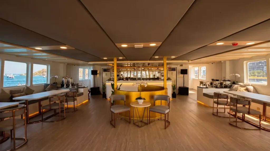 Wide view of the lounge and restaurant aboard LASHA
