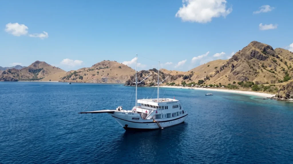 LASHA phinisi anchored in a Komodo bay