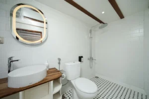 Deluxe cabin bathroom aboard Le Costa