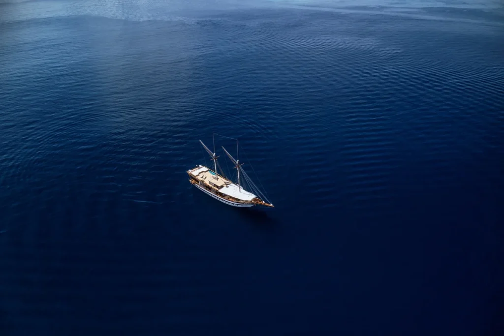 Aerial view of Majik in open Indonesian waters