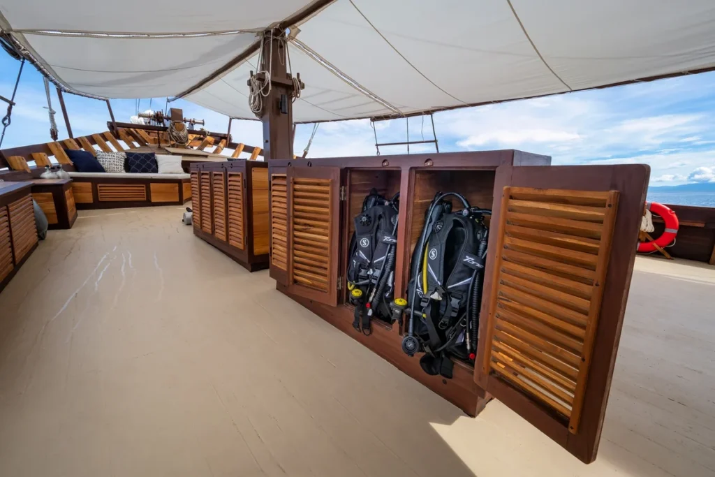 Dive equipment storage on the forward deck of Majik