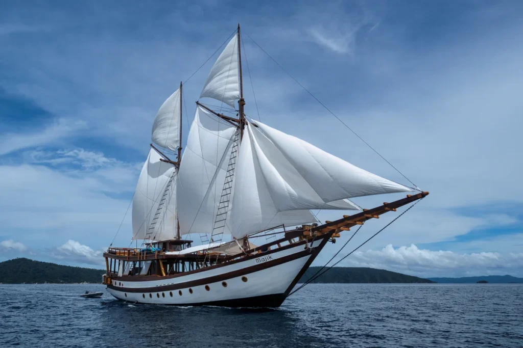 Majik phinisi under full sail in Indonesia