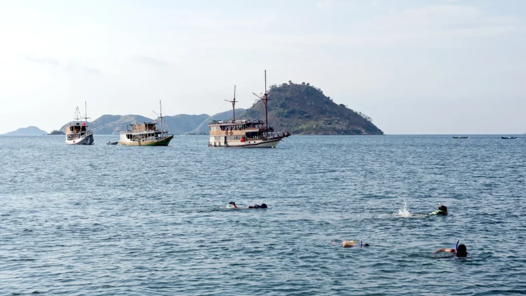 Snorkellers in the sheltered bay at Manjarite on the west coast of Flores