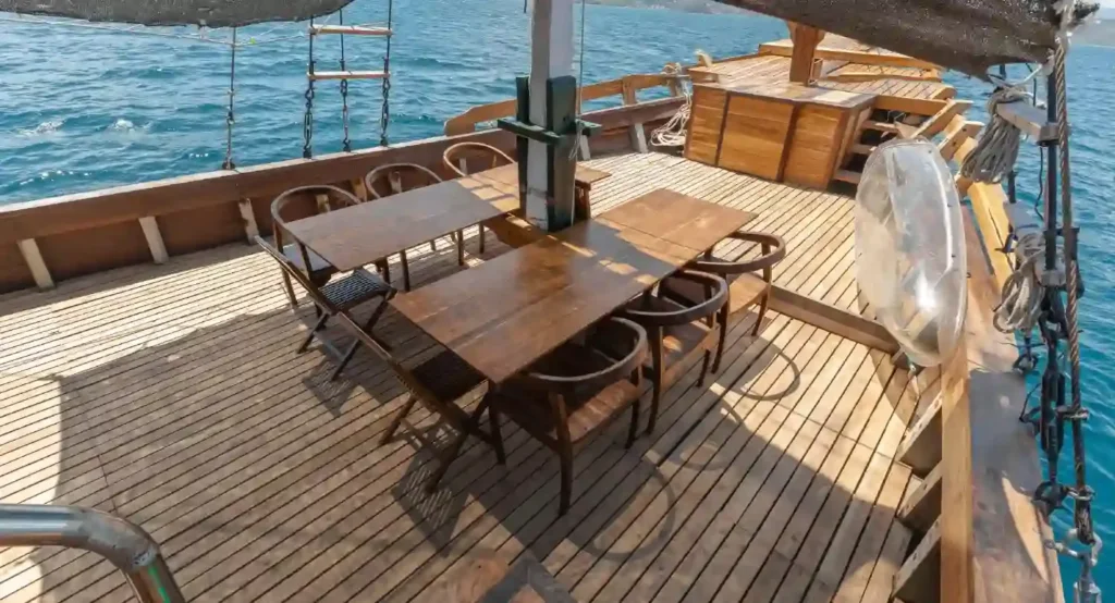 Outdoor lounging area on Marea between island stops