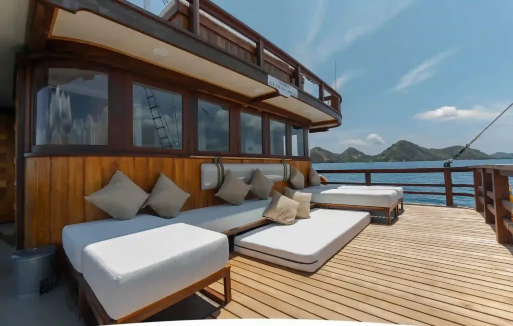 Upper deck seating on Marea, where three of the eight cabins also sit