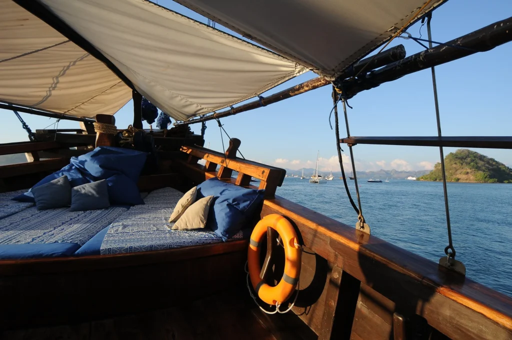 Cushioned lounging space on the Moana Cruising sun deck