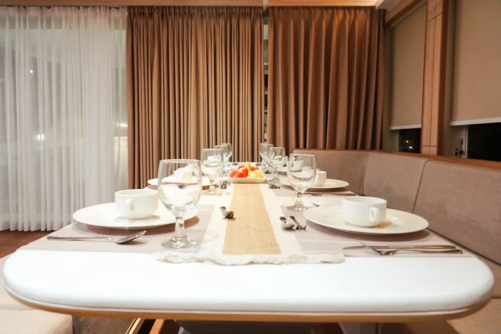 Air-conditioned indoor dining area on Mosalaki where all meals are served