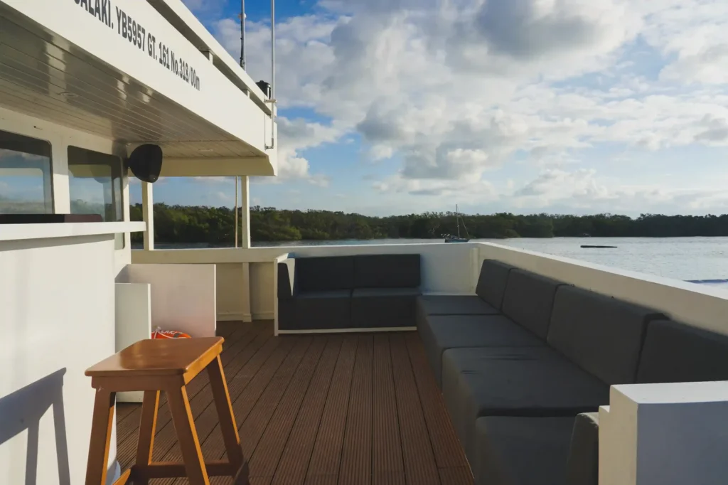 Outdoor chill area at deck level on Mosalaki, used between island stops