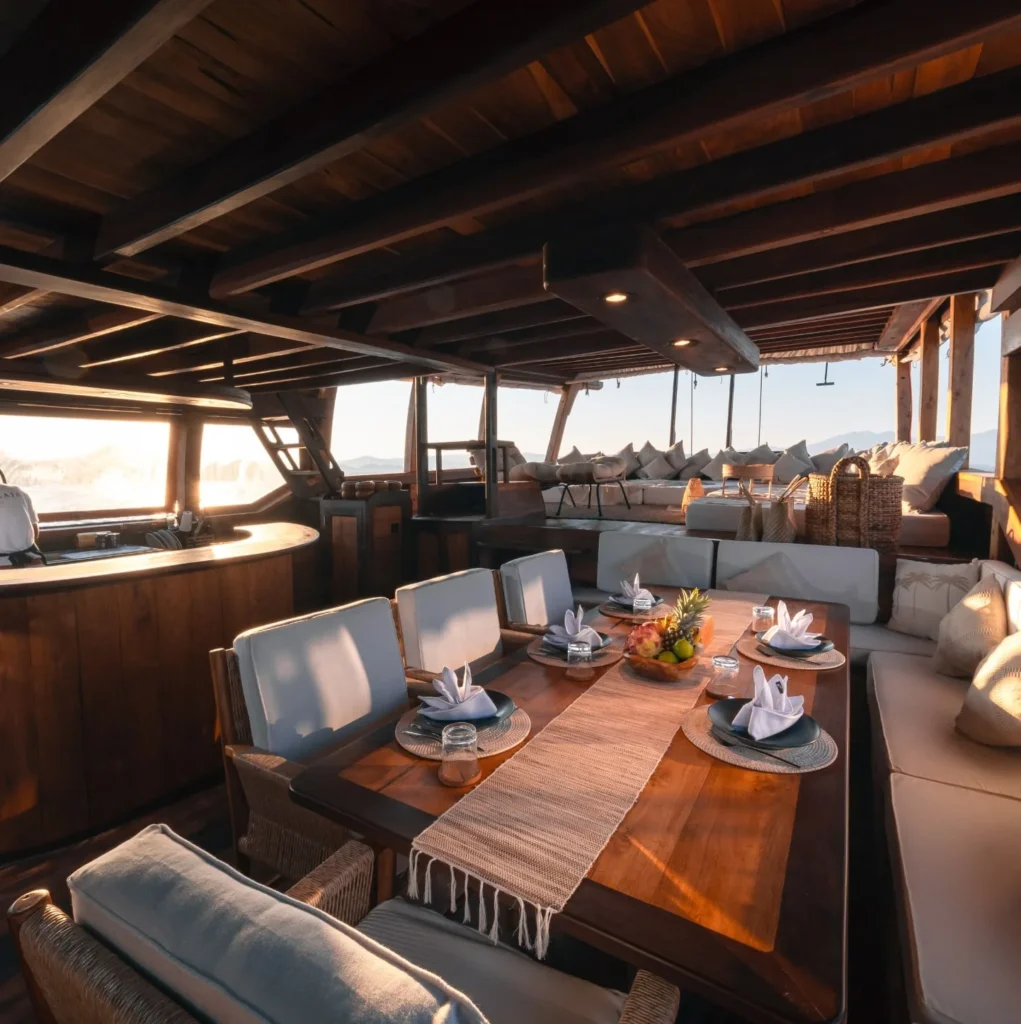 Main deck dining table aboard Nataraja