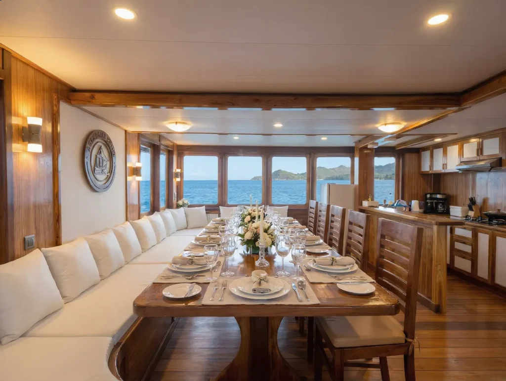 Indoor dining lounge aboard Naturalia Cruise