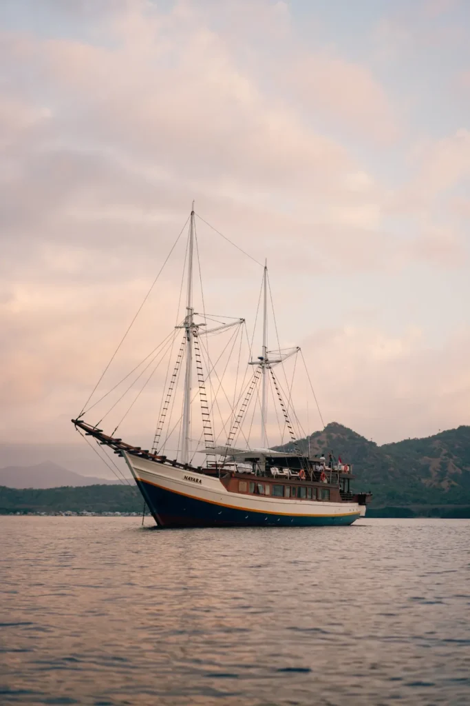 Nayara Cruise at anchor showing its hull, twin masts and rigging in soft evening light
