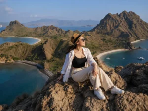 Woman relaxing on the iconic Padar Island viewpoint, experiencing a custom itinerary on a Komodo private boat charter