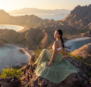 Woman sitting on the rocky viewpoint of Padar Island enjoying the spectacular landscape during a full day Komodo Phinisi tour