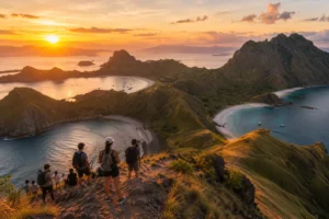 Trekkers at the Padar Island viewpoint over three bays in Komodo National Park at sunrise