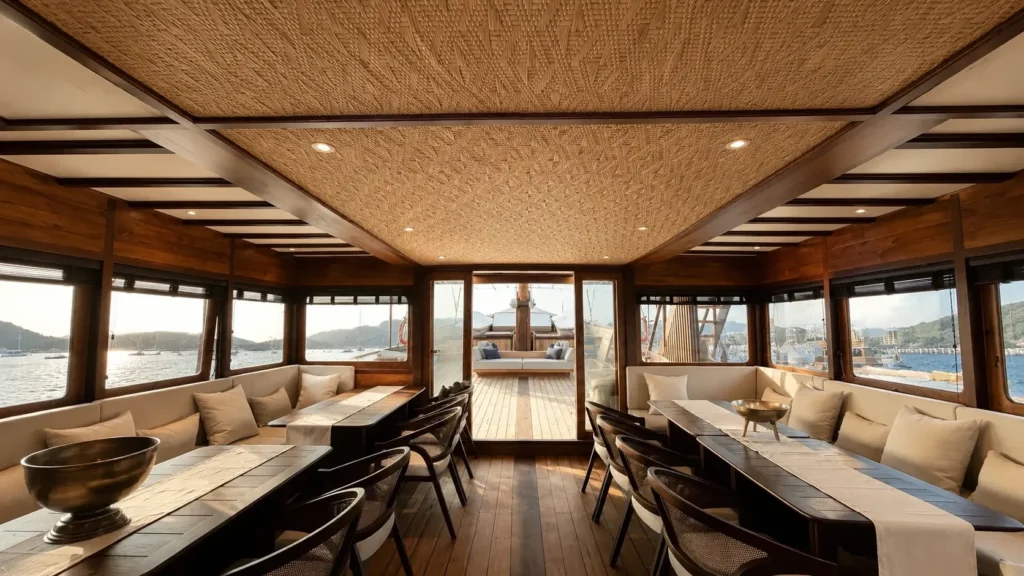 Indoor dining saloon aboard Papiton Allo phinisi