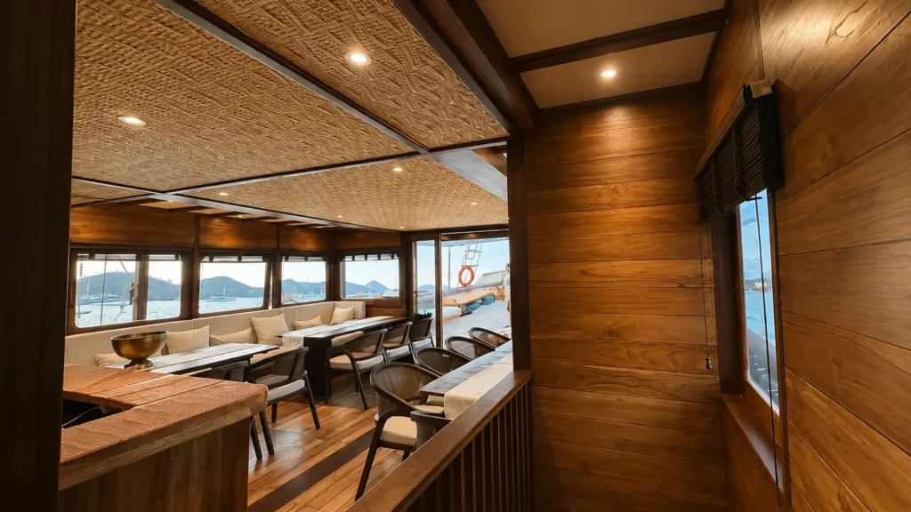 Indoor dining saloon aboard Papiton Allo phinisi