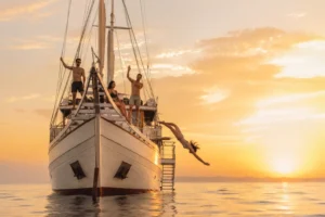 Phinisi boat sailing at sunset on a Lombok to Flores boat trip