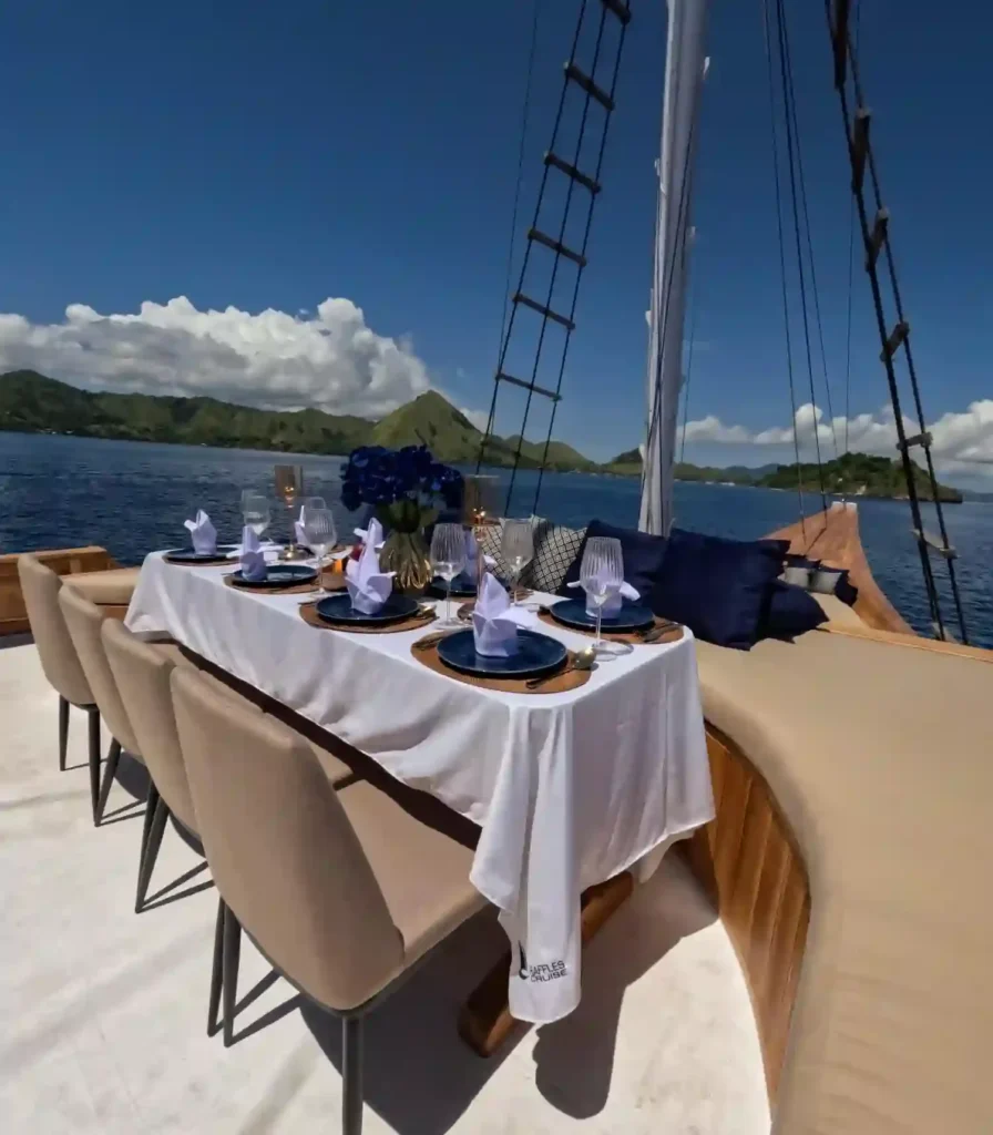 Air-conditioned indoor lounge and bar on Raffles Cruise with sofas, TV and karaoke