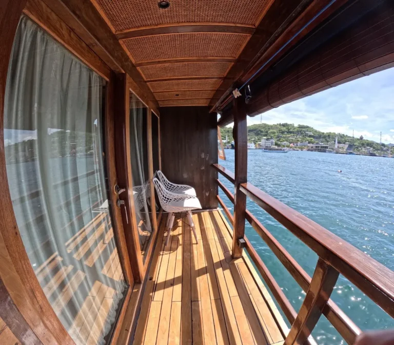 Upper-deck Deluxe Cabin balcony aboard Revfiero phinisi