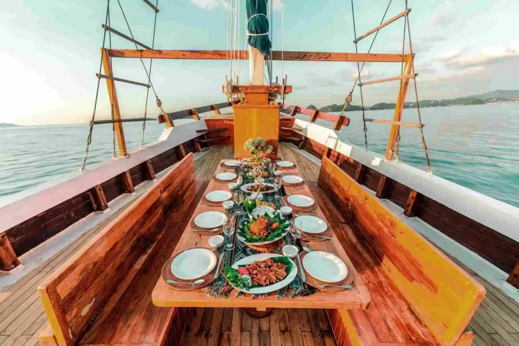 Dining area aboard Revfiero phinisi