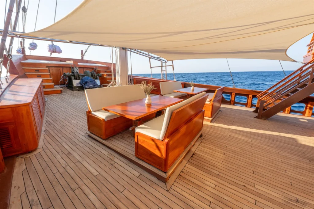 Outdoor lounge deck aboard Sanctuary yacht