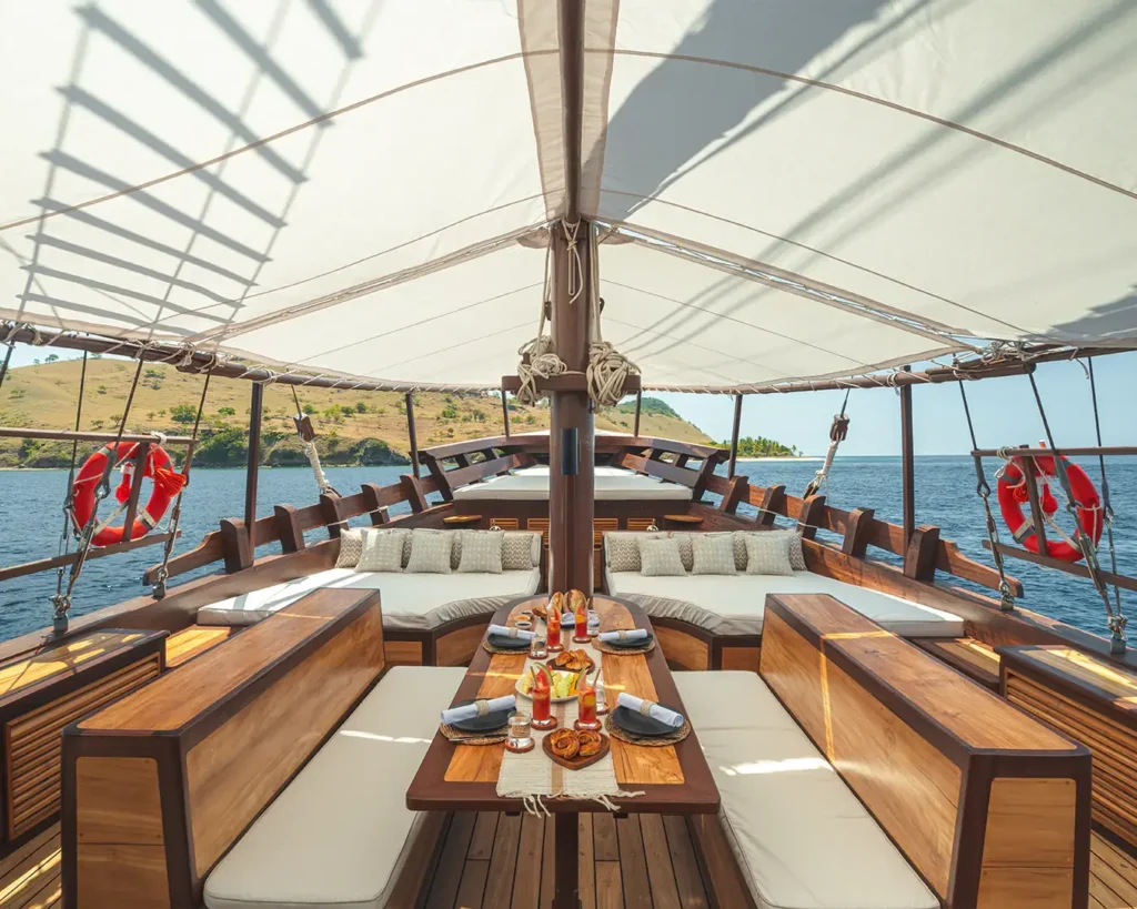 Open-air dining area on the main deck of Sanya yacht