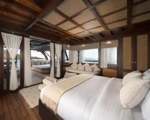 King bed in the Ocean View Master Cabin aboard Sanya yacht