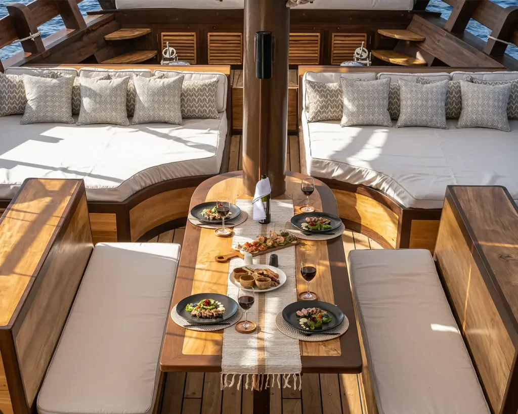 Dining table set for a meal aboard Sanya yacht