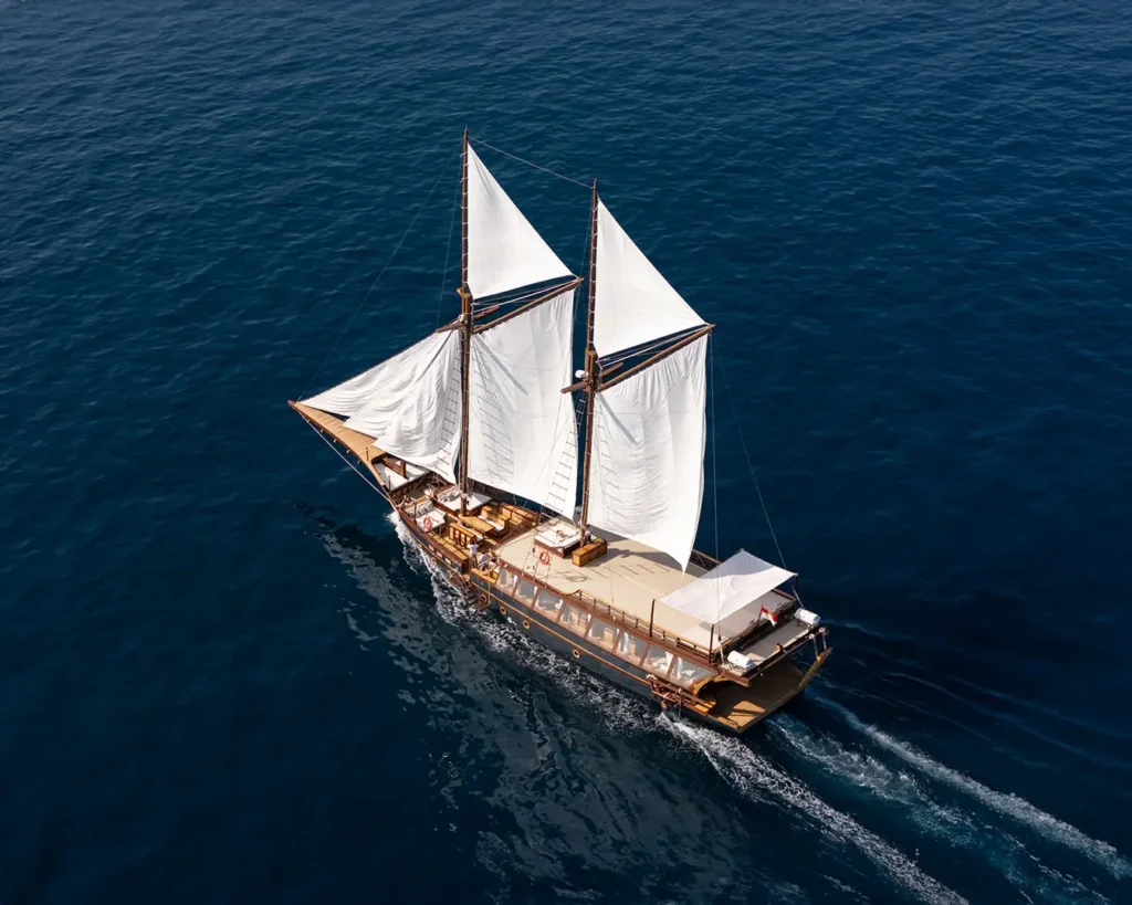 Aerial view of Sanya phinisi yacht under sail