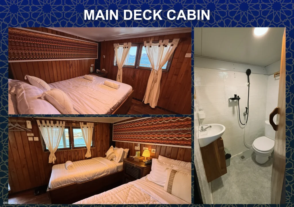 Main deck double and twin cabins with ensuite bathroom aboard Seamore Papua