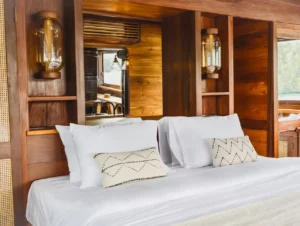 Master cabin king-size bed aboard Senja