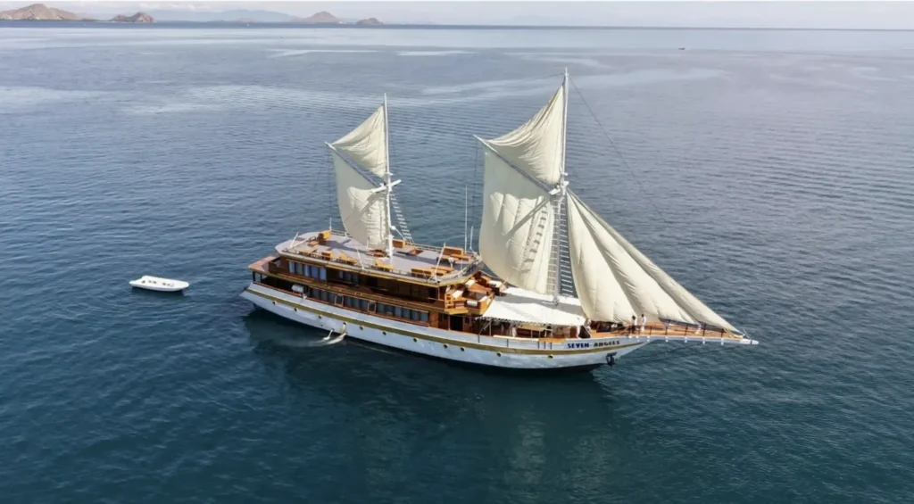 Seven Angel, a 48.5-metre phinisi, at anchor in Komodo National Park
