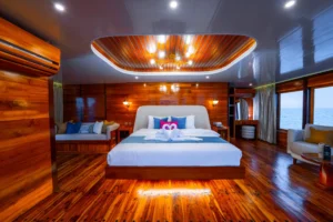 Front view of the Seven Angel master cabin and king bed