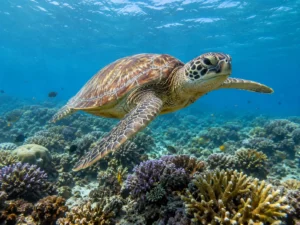Green turtle over coral at Siaba Bay, the final day 3 snorkelling stop before Labuan Bajo
