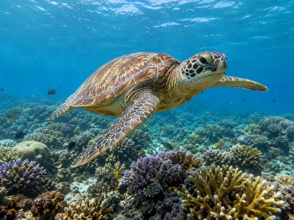 Green turtle grazing over coral in the shallow bay at Siaba Besar