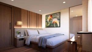 Cendrawasih master cabin on Sukha Sail 2 with queen bed and sea view