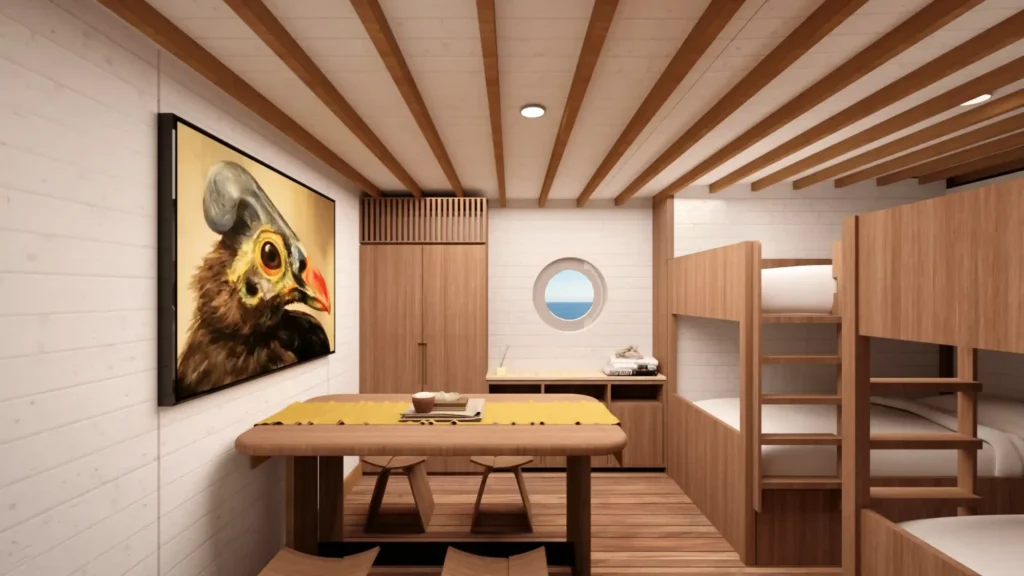 Maleo sharing cabin on Sukha Sail 2 with bunk berths and porthole light