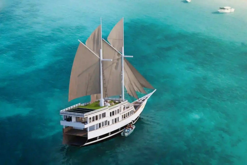 Overhead drone view of Sukha Sail 2 phinisi showing sun deck and masts