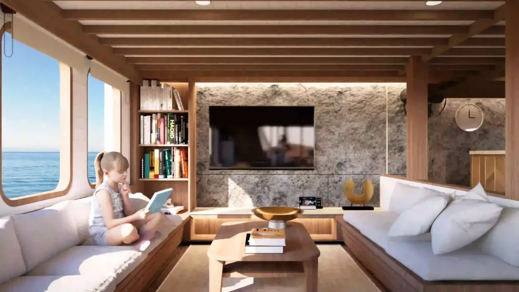 Air-conditioned indoor lounge on Sukha Sail 2 with sofas, TV and sea windows