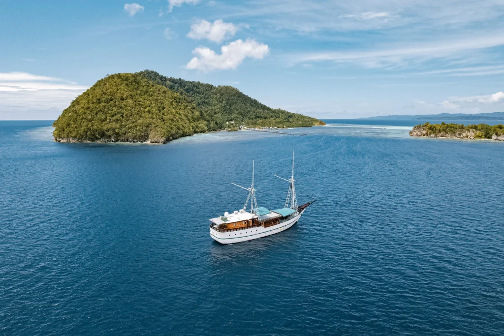 The Tambora phinisi at anchor on an Indonesian itinerary